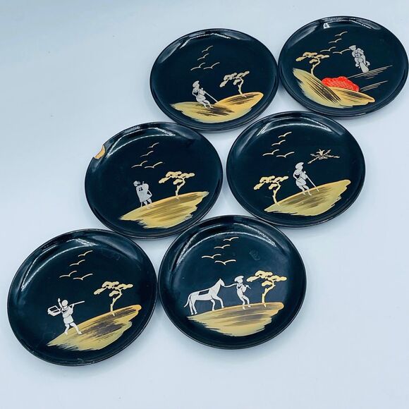 Vintage Black Laquered Japanese Hand Painted Mid-Century Coaster Lidded Set of 6 - Picture 4 of 9